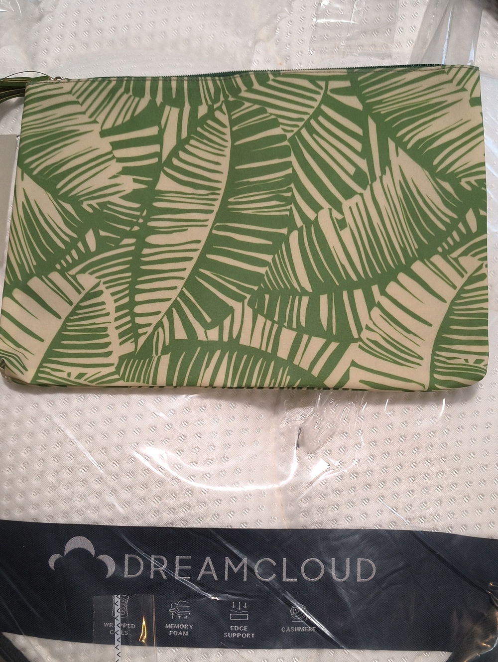 Chico's Green and Cream Tropical Leaf Zip Pouch